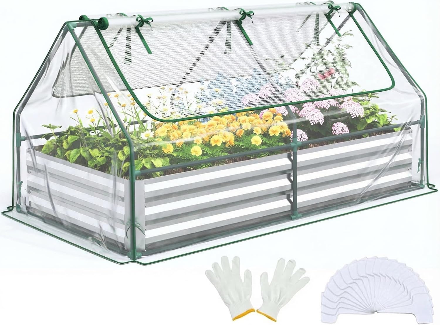 Quictent Raised Garden Bed with Cover Outdoor Galvanized Metal Planter Box Kit, w/ 2 Large Screen Windows Mini Greenhouse 20pcs T Tags 1 Pair of Gloves Included for Growing Vegetables 6x3x1ft (Clear)