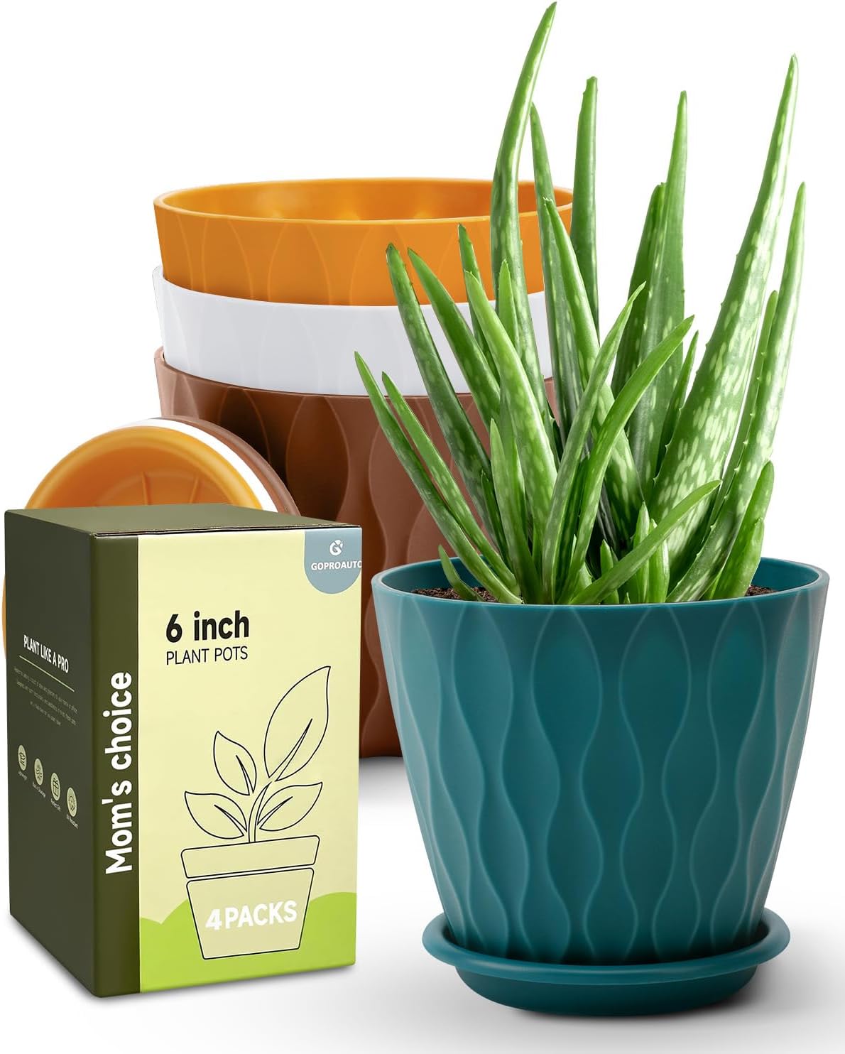 6 Inch Indoor Planter Pots with Drainage Hole and Tray Saucer,Flower Pots for Indoor Outdoor Garden Plants and Flowers, Multicolor, 4 Packs