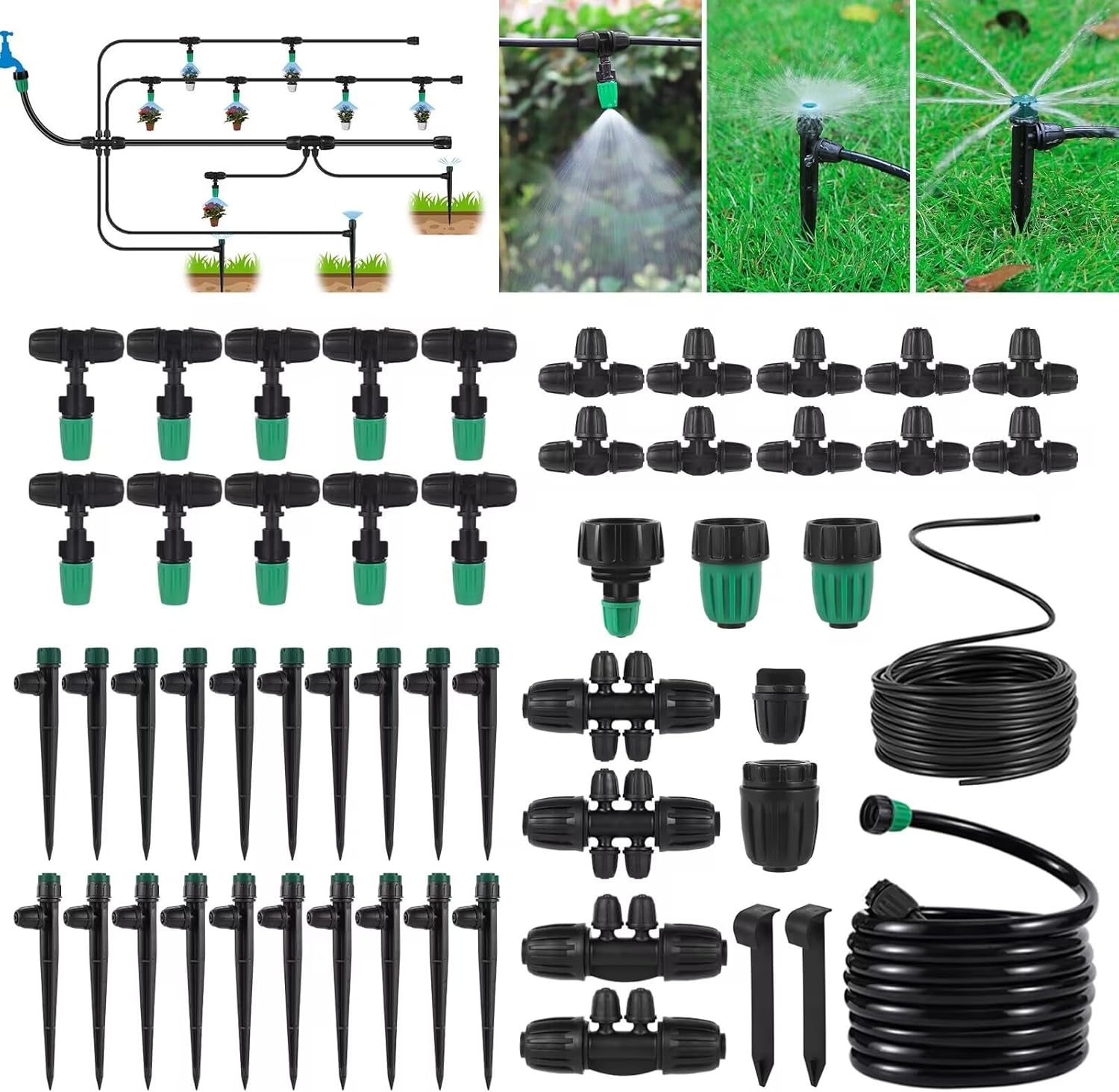 Leak-Proof Drip Irrigation Kit,Quick Connect Irrigation System, Lock Barbed Garden Watering System with 1/4 inch 1/2 inch Irrigation Tubing Hose for Garden,Raised Garden Bed, Lawn