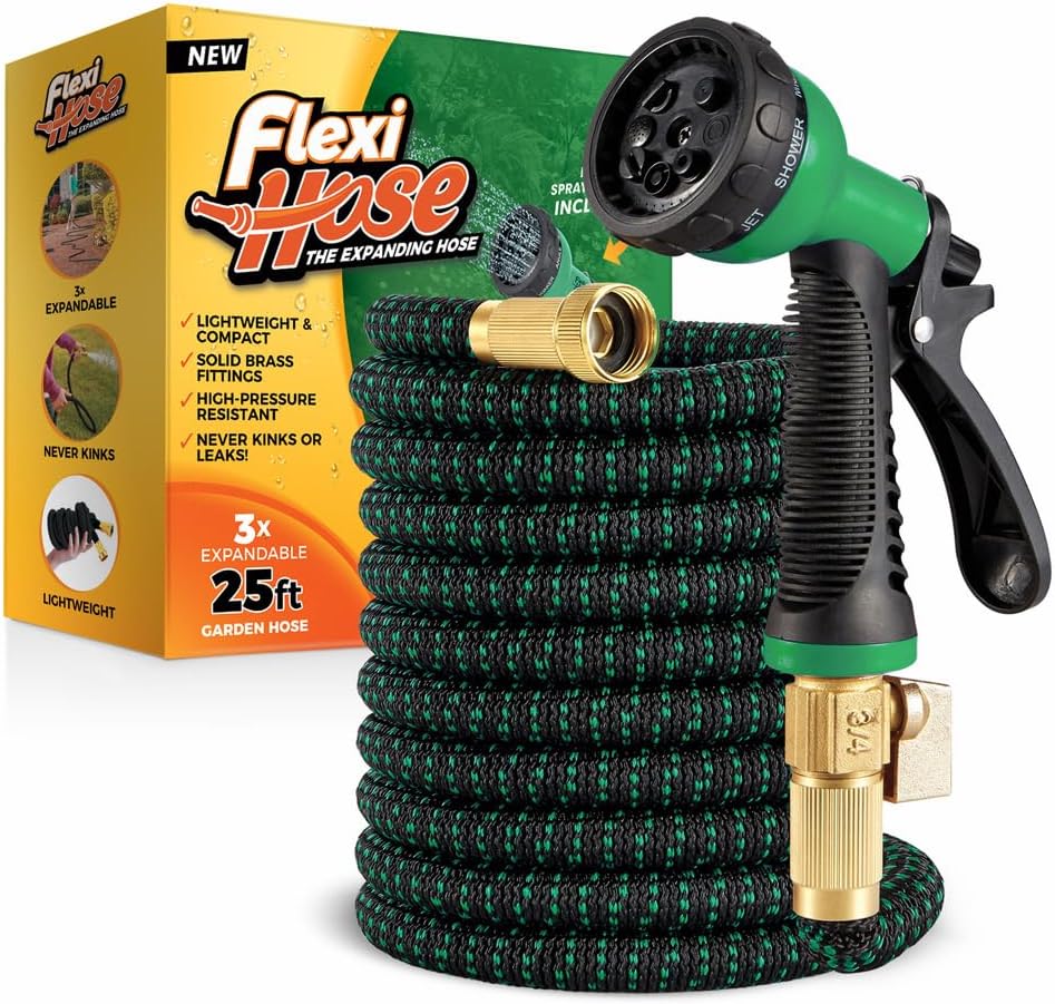 Flexi Hose with 8 Function Nozzle, 25FT – Lightweight Expandable Garden Hose, No-Kink Flexibility, 3/4 Inch Solid Brass Fittings and Double Latex Core – Black and Green